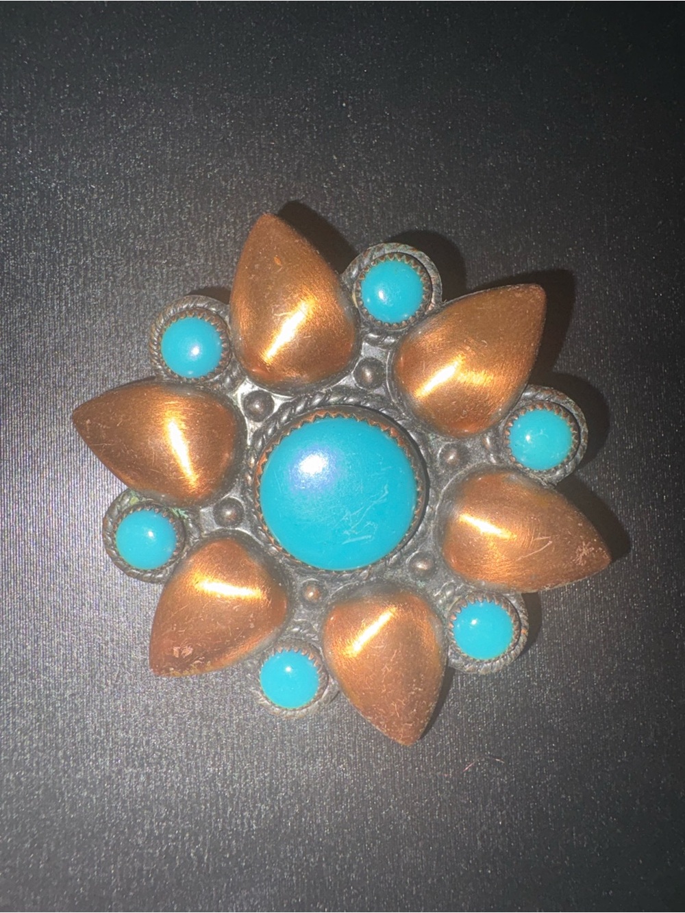 Turquoise and Copper Floral Statement Brooch - Picture 1 of 2